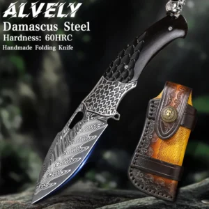 High Quality Handmade Damascus Steel Pocket Knife with Sheath